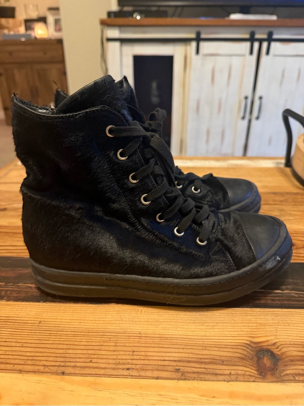 Rick Owens Black High-Top Pony Hair Sneakers size 6